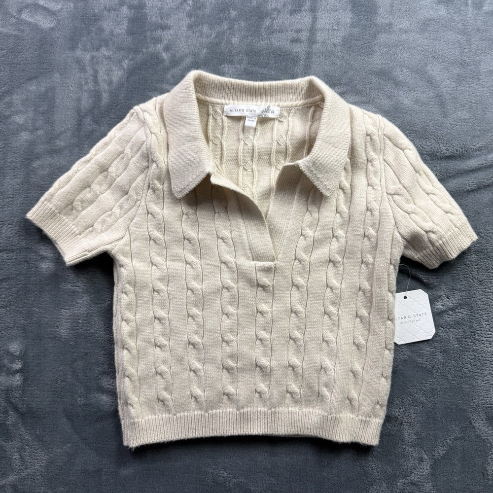 Altar'd State Womens XXS Cable Knit Polo Sweater Top Cream Short Sleeve NWT